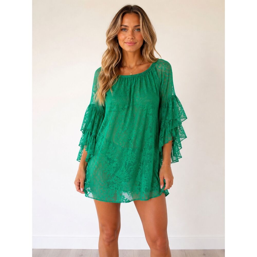 Rachel Kate Green Lace Tunic Mini Dress Small Sheer Ruffle Sleeves Made USA